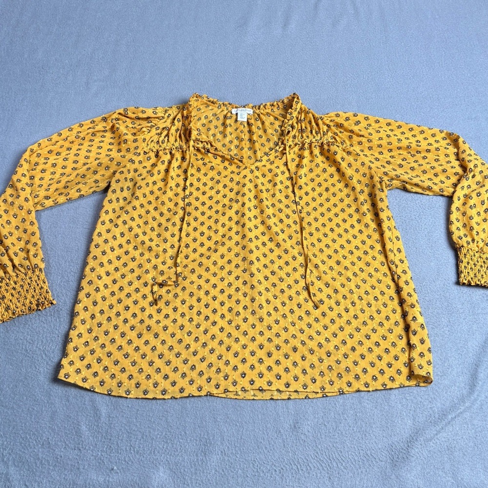 Carolina Belle Mustard Yellow Floral Clip Dot Peasant Blouse Smocked Cuff Large